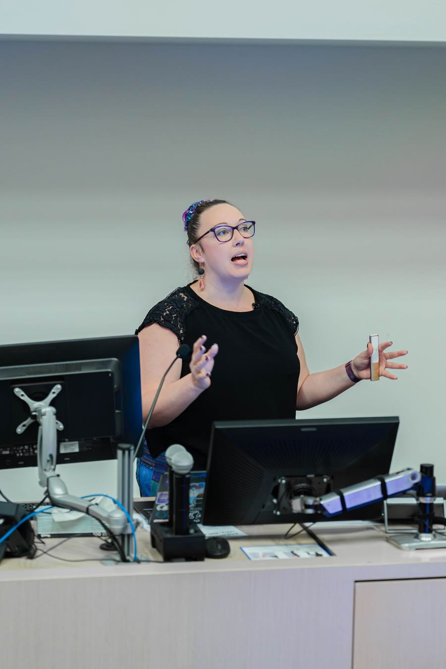 Technology speaker presenting with confidence during a live session